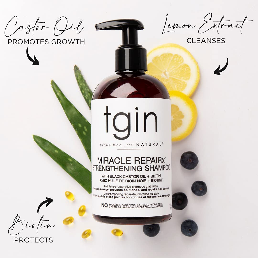 tgin Miracle RepaiRx Strengthening Shampoo & Conditioner – Black Castor Oil + Biotin Repair Duo for Damaged, Brittle Hair