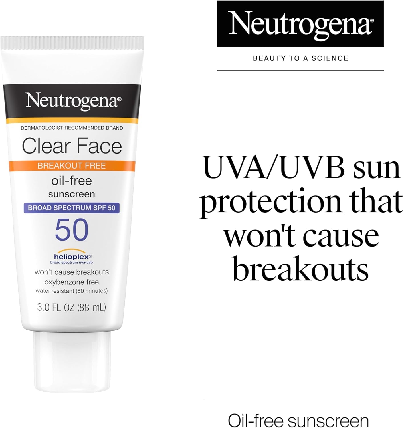 Clear Face SPF 50 Sunscreen – Oil‑Free, Fragrance‑Free, Water‑Resistant Lotion for Acne‑Prone & Oily Skin (3 fl oz)
