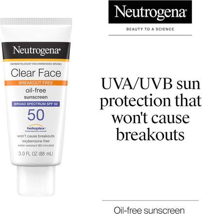 Clear Face SPF 50 Sunscreen – Oil‑Free, Fragrance‑Free, Water‑Resistant Lotion for Acne‑Prone & Oily Skin (3 fl oz)