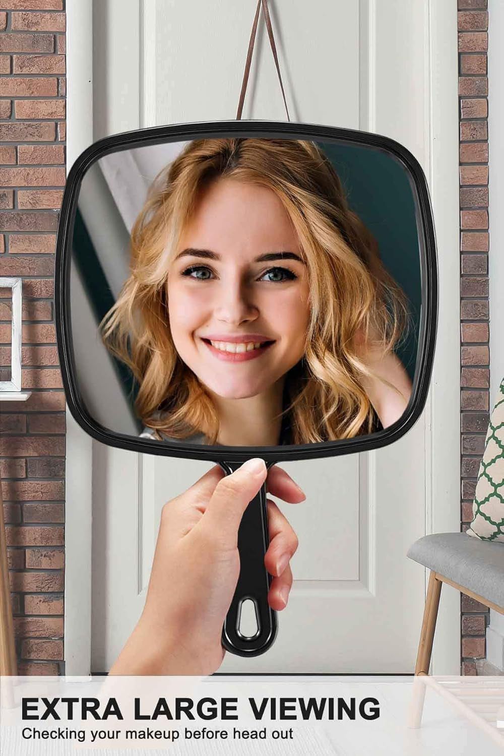 Large Handheld Mirror – 9" x 7.9" Premium Glass Salon Mirror with Waterproof Grip, Hanging Option & Travel‑Light Design