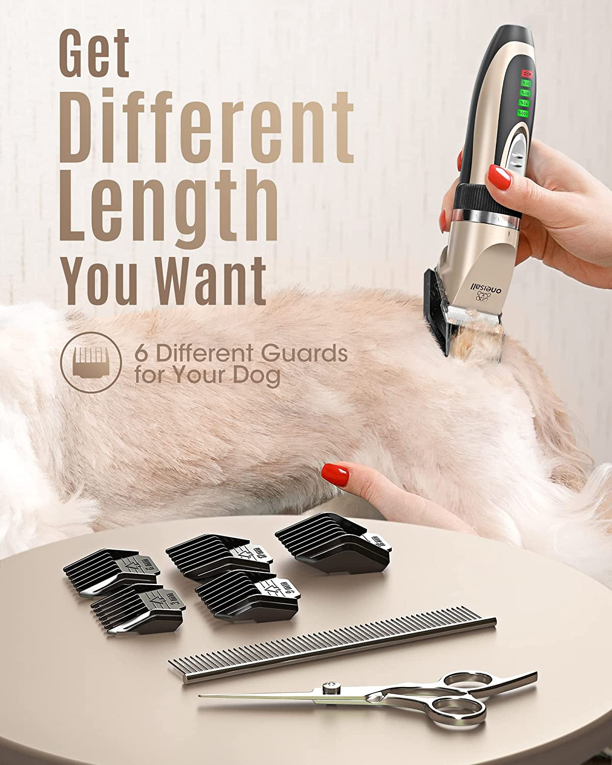 Low‑Noise Dog Clippers – 2‑Speed Rechargeable Cordless Pet Grooming Kit for Dogs & Cats (Gold)