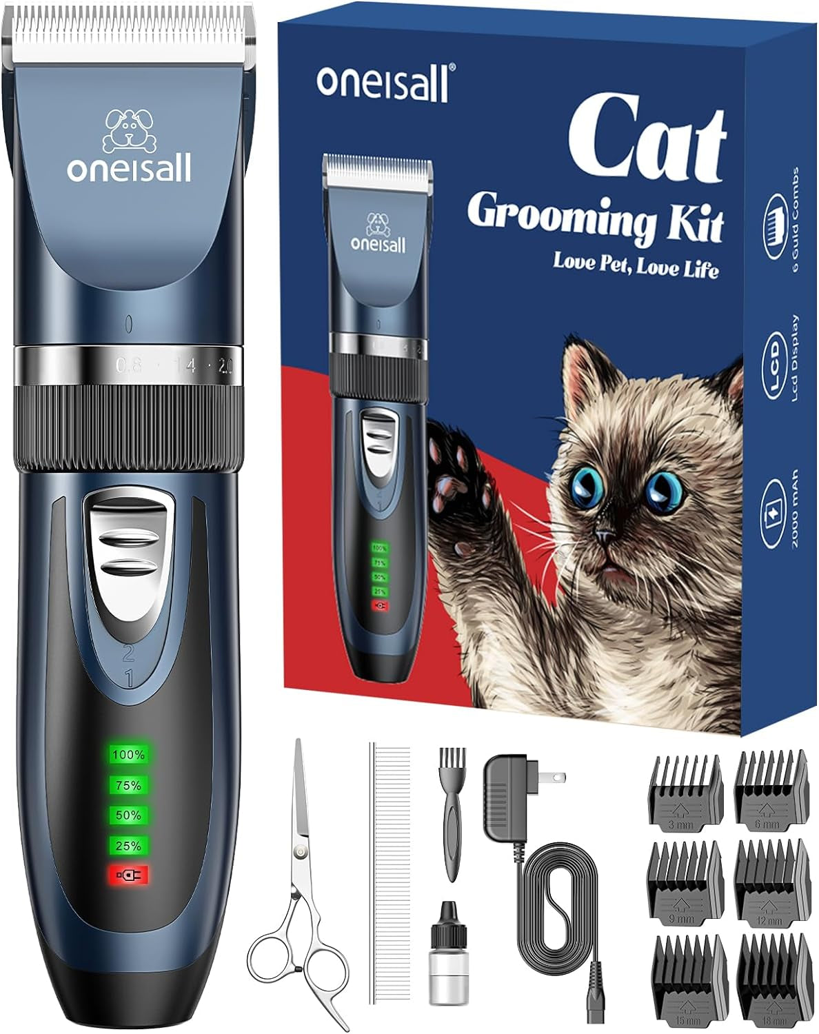 Quiet Cat Clippers for Matted & Long Hair – 2‑Speed Cordless Pet Grooming Kit for Cats, Small Dogs & Animals (Blue)