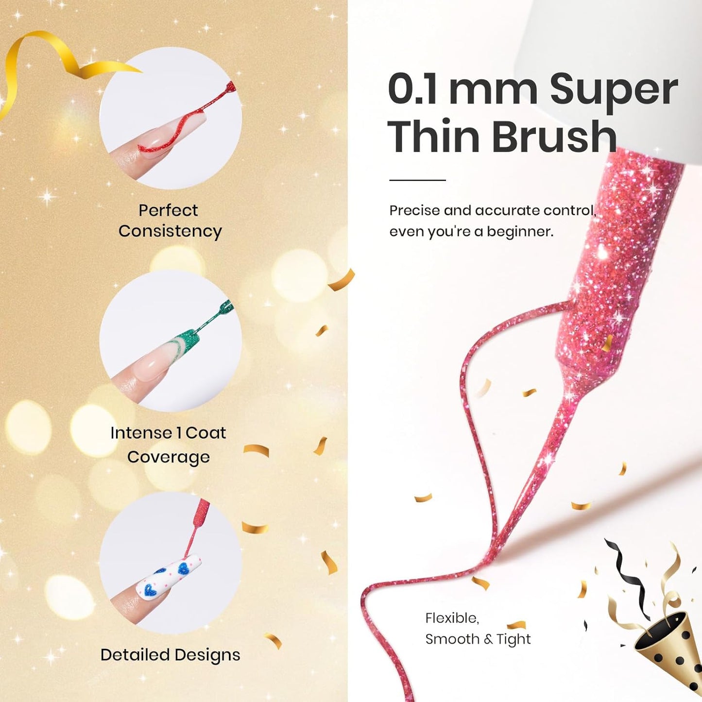 12‑Color Reflective Gel Liner Nail Polish Set – Diamond Glitter, Fine Brush Art Gel for Lines, French Tips & Designs