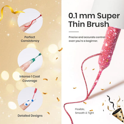 12‑Color Reflective Gel Liner Nail Polish Set – Diamond Glitter, Fine Brush Art Gel for Lines, French Tips & Designs