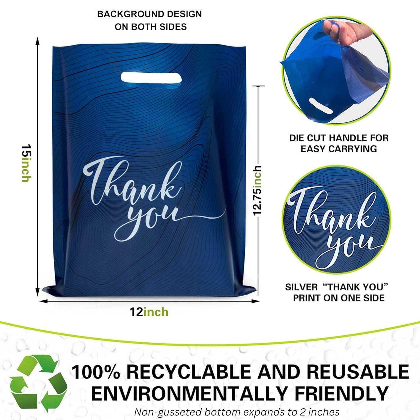 100‑Pack Navy Blue “Thank You” Merchandise Bags – 12x15" Heavy‑Duty 2.36 Mil Plastic Retail Bags with Die‑Cut Handles & Elegant Silver Print