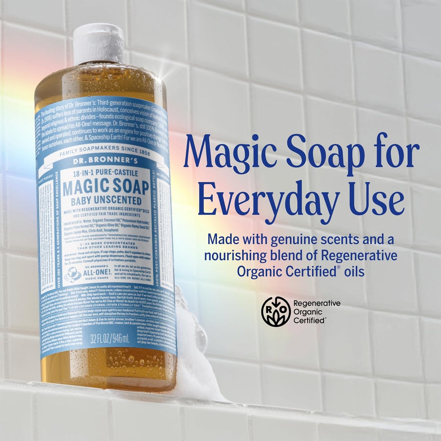 Unscented Pure‑Castile Magic Liquid Soap 32oz – 18‑in‑1 Organic Body Wash for Face, Hands & Sensitive Skin – Gentle Baby‑Safe Formula with Regenerative Organic Certified Oils