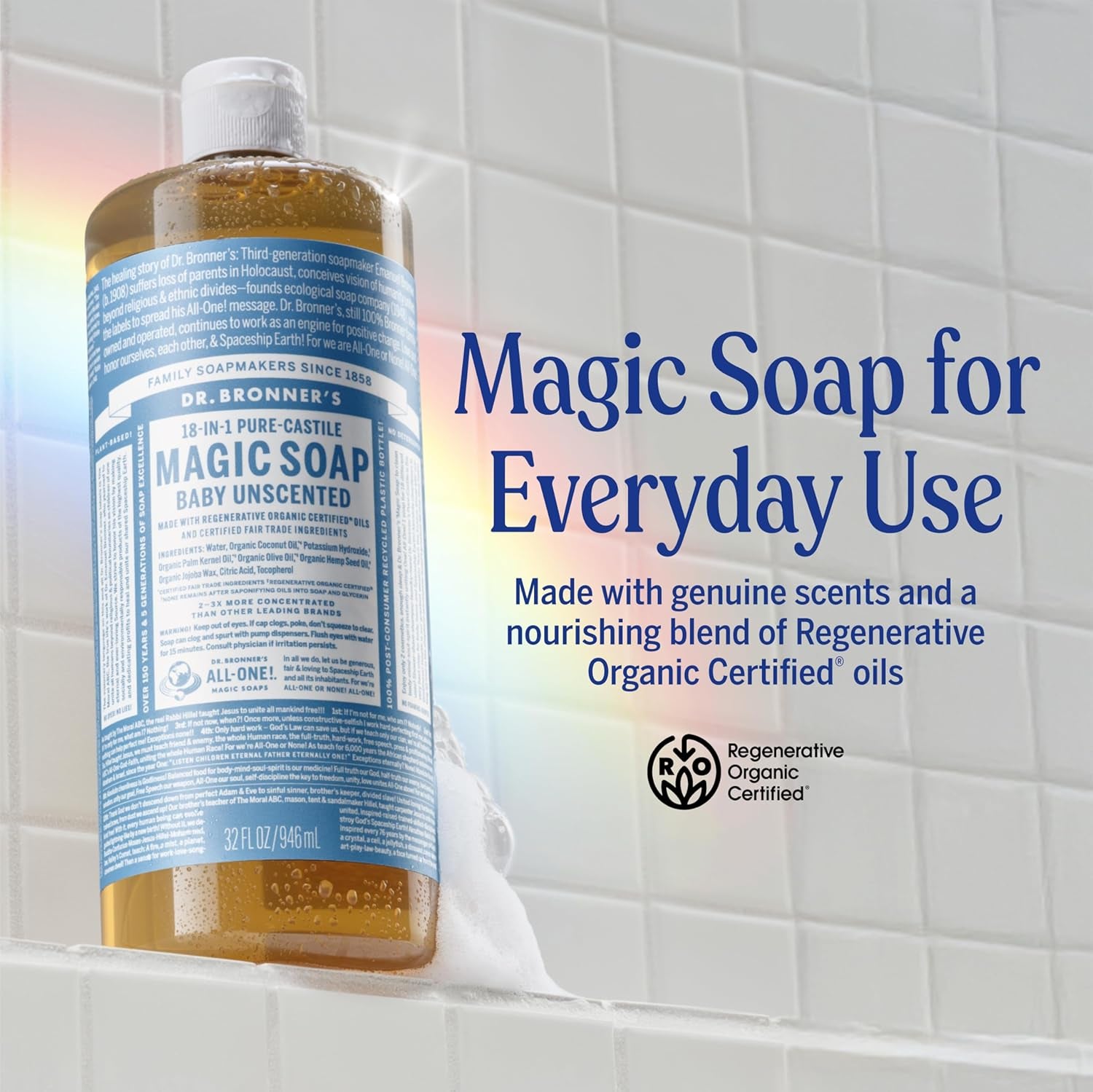 Unscented Pure‑Castile Magic Liquid Soap 32oz – 18‑in‑1 Organic Body Wash for Face, Hands & Sensitive Skin – Gentle Baby‑Safe Formula with Regenerative Organic Certified Oils