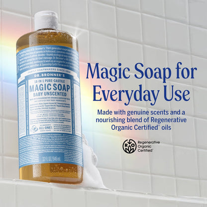 Unscented Pure‑Castile Magic Liquid Soap 32oz – 18‑in‑1 Organic Body Wash for Face, Hands & Sensitive Skin – Gentle Baby‑Safe Formula with Regenerative Organic Certified Oils