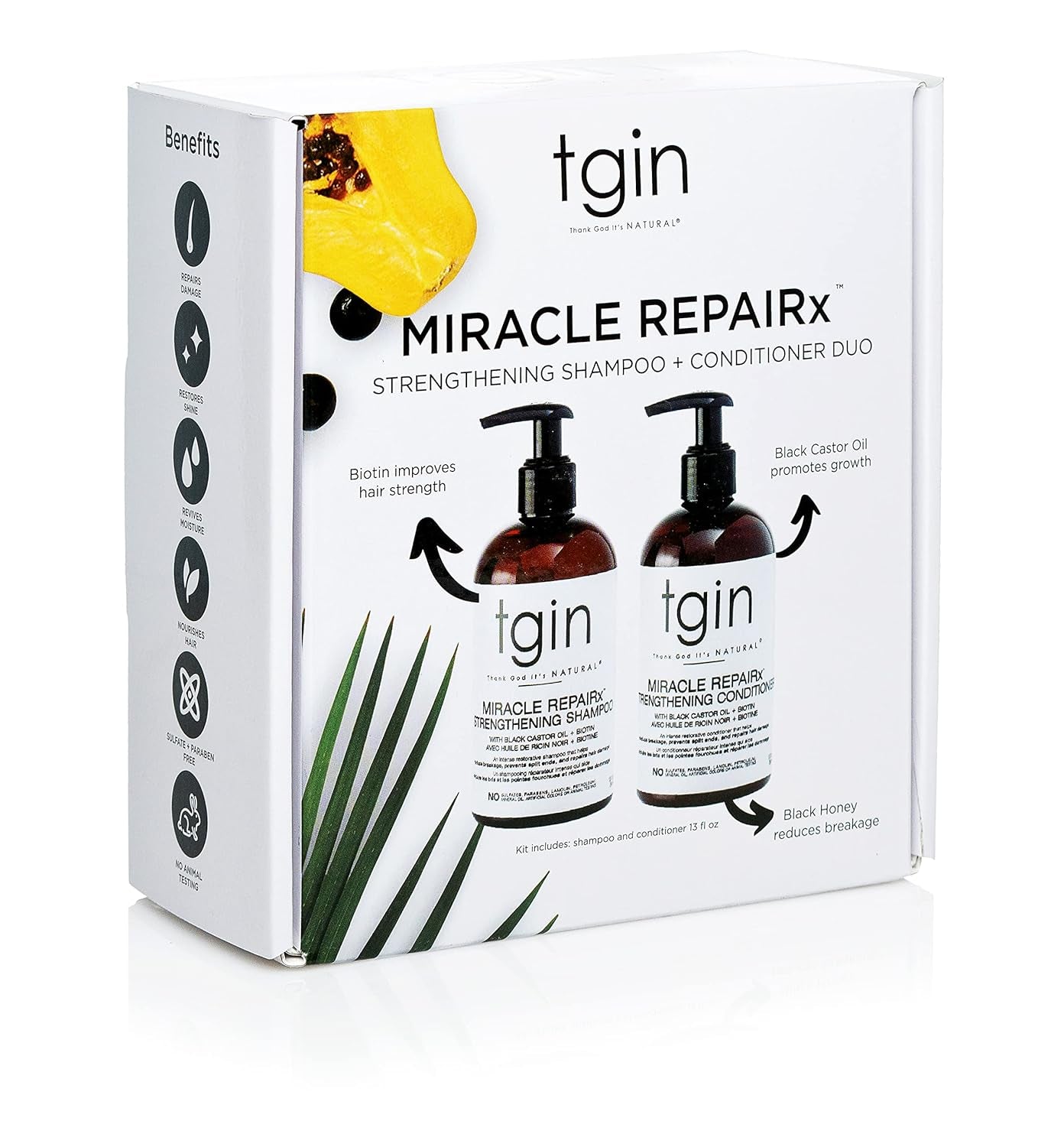 tgin Miracle RepaiRx Strengthening Shampoo & Conditioner – Black Castor Oil + Biotin Repair Duo for Damaged, Brittle Hair