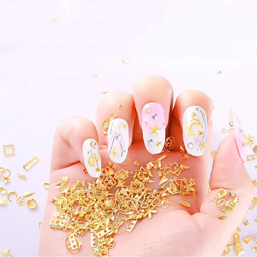 Gold Nail Charms 3D Nail Art Kit – 6 Boxes of Rose, Star, Moon, Feather Metal Studs with Tweezers & Picker Pencil, 3D Nail Jewelry Decoration Set