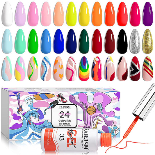 RARJSM 24‑Color Painted Gel Nail Polish Set – 8ml Liner Brush Bottles for Nail Art Designs, Long‑Lasting, Vegan & DIY‑Friendly