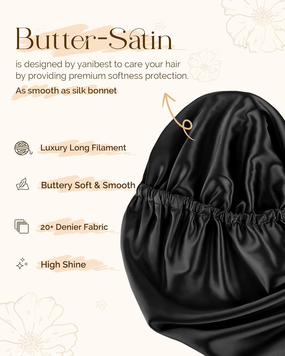 Premium Satin Bonnet with Adjustable Drawstring – Long Silky Sleep Cap for Curly, Wavy, Natural Hair  No‑Slip, Soft Elastic, Moisture‑Locking Night Bonnet