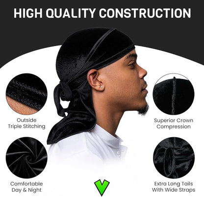 Superior Velvet Durag – Extra Long Straps, Silky Interior, Breathable Compression for 360/540/720 Waves