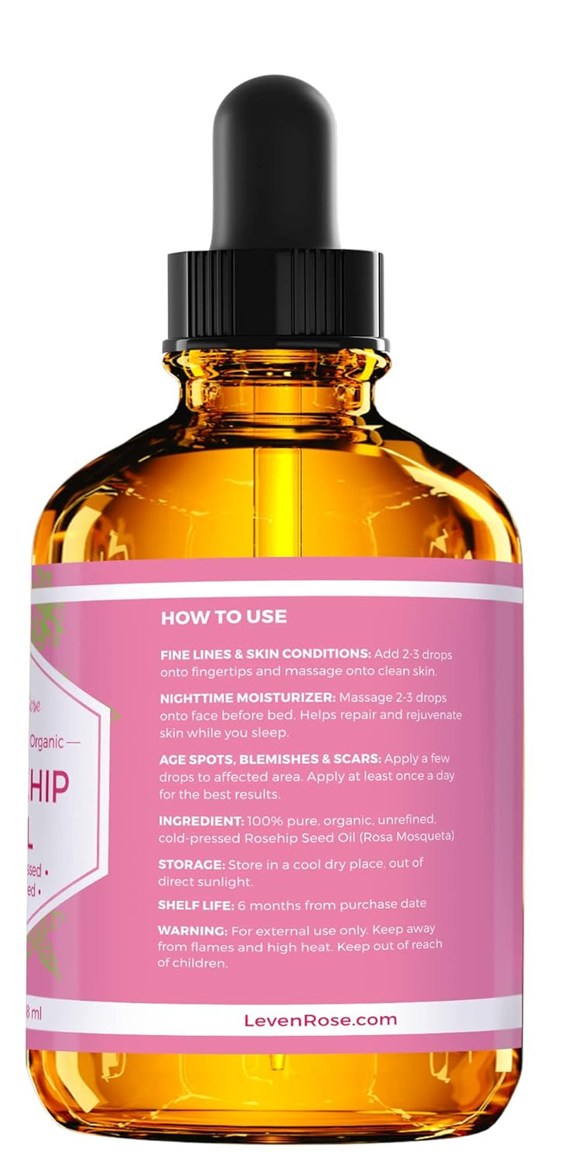 Pure Rosehip Seed Oil for Face & Body – Unrefined, Cold‑Pressed Rosehip Oil, Nighttime Moisturizer for Hair, Skin & Nails, 4 oz
