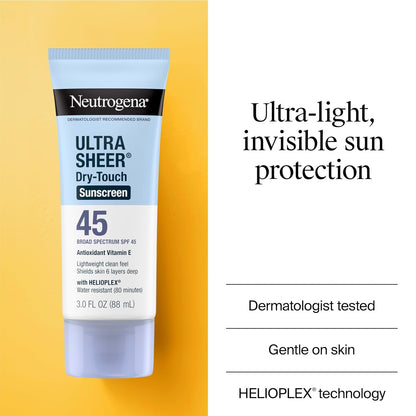 Ultra Sheer Dry‑Touch Sunscreen SPF 45 – Lightweight, Non‑Greasy Broad‑Spectrum UVA/UVB Protection, Water‑Resistant Travel Size Sunblock for Face & Body, 2‑Pack (3oz Each)