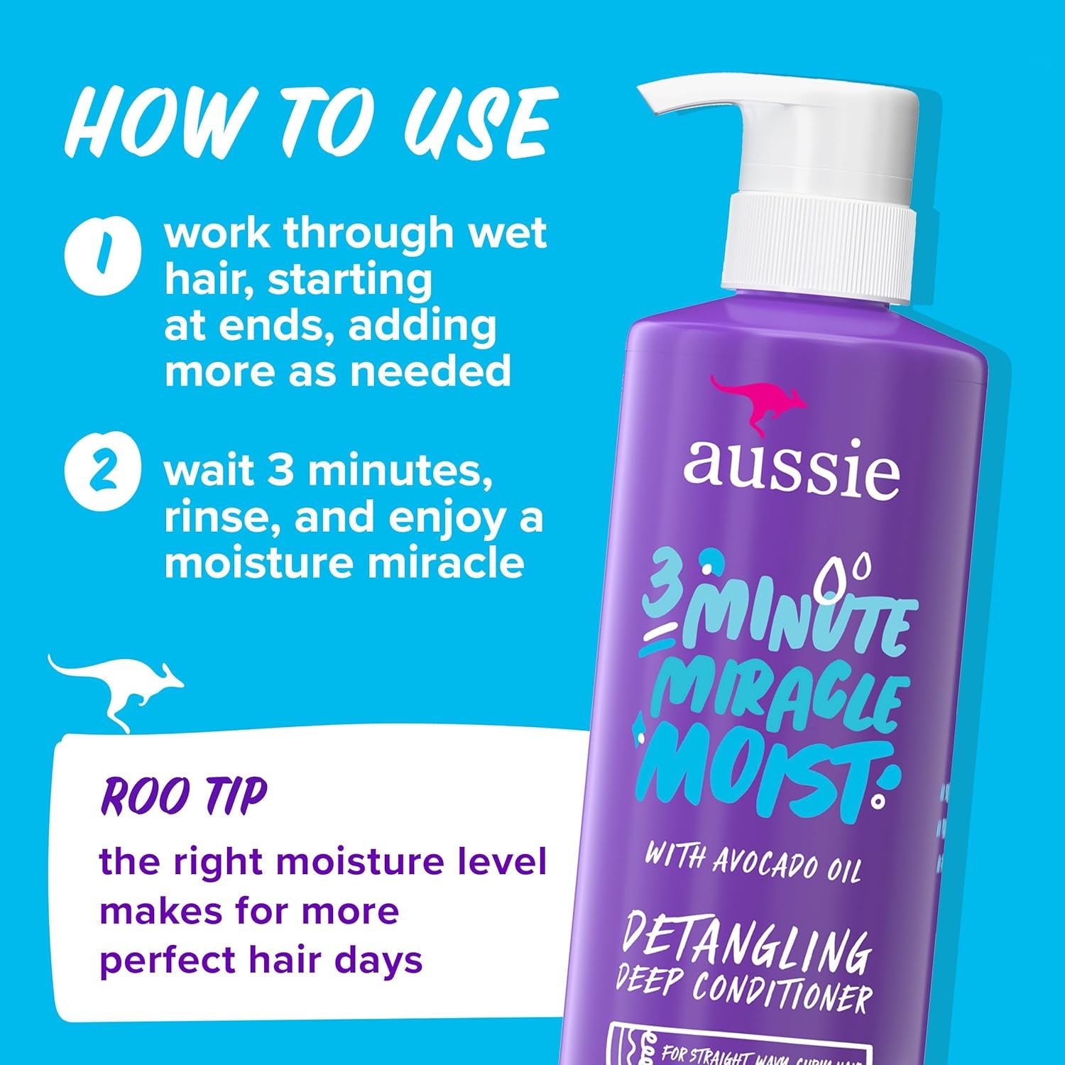 Aussie Miracle Moist Hydration Trio – Shampoo, Conditioner & 3‑Minute Deep Conditioner with Avocado Oil (Straight to Curly Hair)