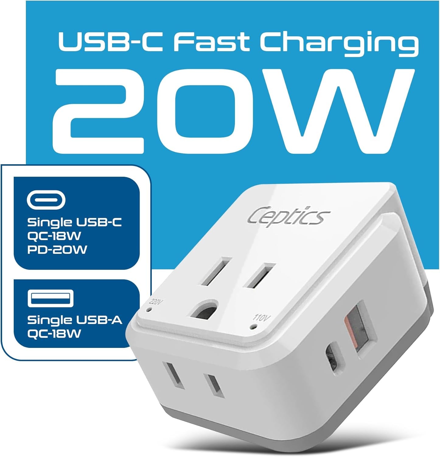 Europe Plug Adapter – 20W PD & QC Fast Charger with Dual USB + USB‑C (3.1A), 2 USA Outlets, Compact Travel Adapter with Type‑C Swadapt Attachment