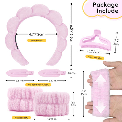 Spa Headband & Wristband Set for Washing Face – Soft Puffy Velvet Skincare Headband with Cute Hair Clips for Women & Girls, Makeup and Beauty Routine Accessory (Pink)