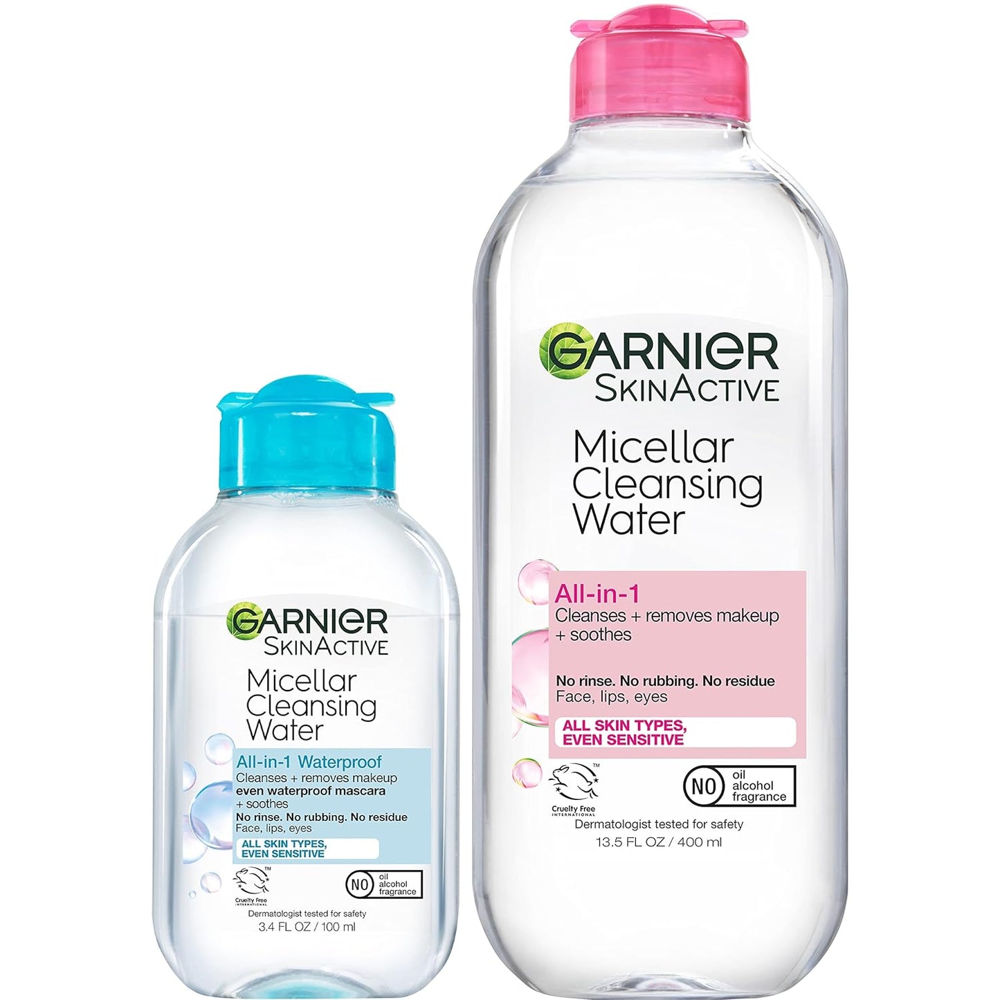 Micellar Cleansing Water Duo – All‑Skin‑Types Makeup Remover (13.5oz) + Waterproof Makeup Micellar Cleanser (3.4oz), Gentle, Hydrating, No‑Rinse Formula