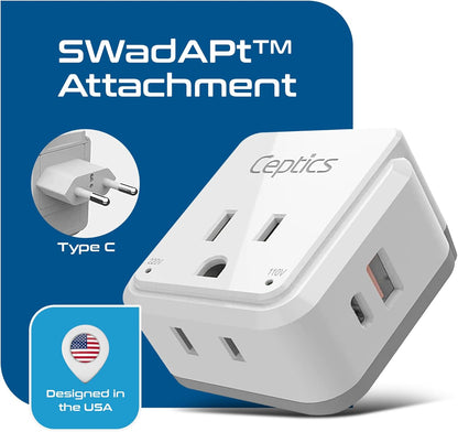 Europe Plug Adapter – 20W PD & QC Fast Charger with Dual USB + USB‑C (3.1A), 2 USA Outlets, Compact Travel Adapter with Type‑C Swadapt Attachment