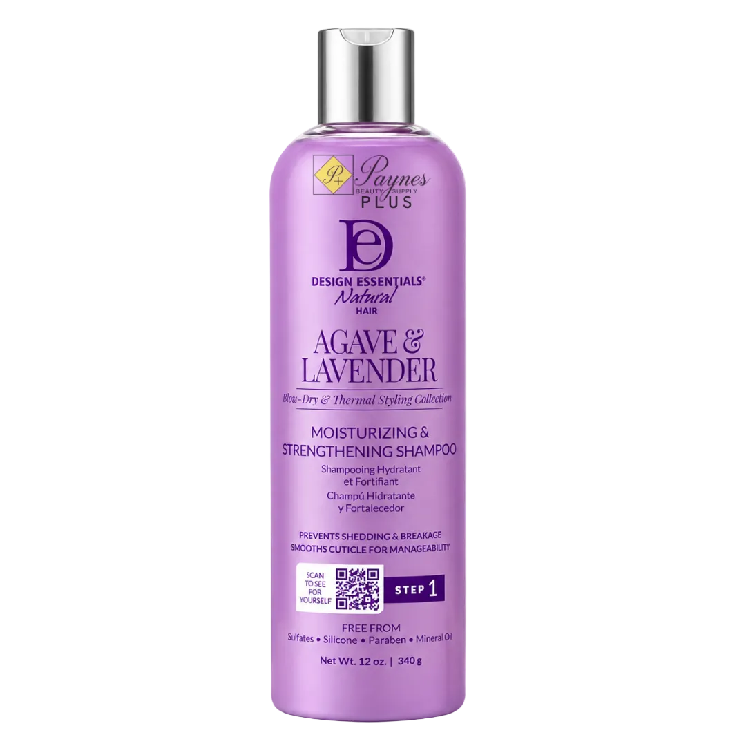 12oz Design Essentials Agave & Lavender Moisturizing & Strengthening Shampoo sulfate-free cleanser for hydration, anti-breakage, blowouts and silk press preparation