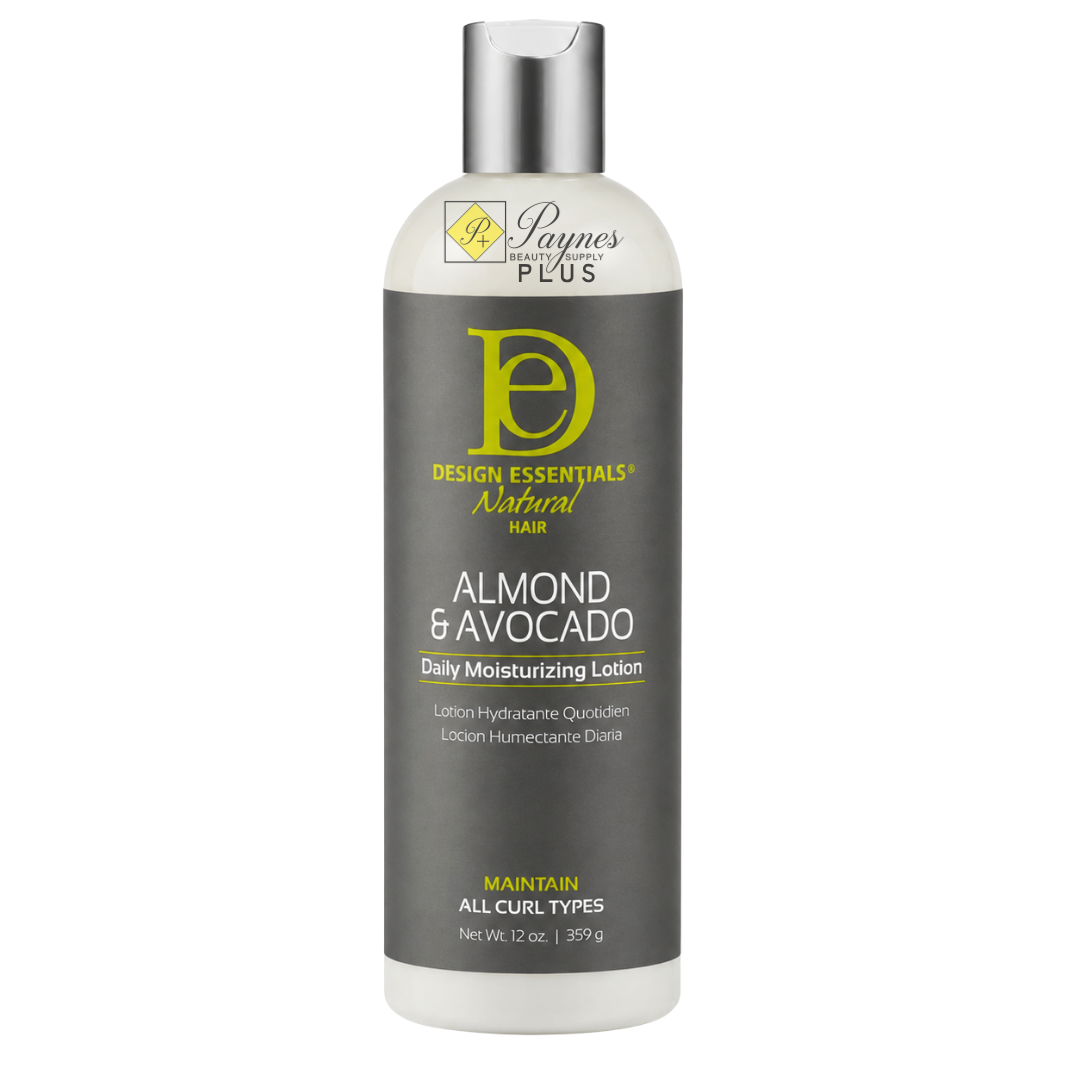 Design Essentials Almond & Avocado Daily Moisturizing Lotion 12 oz lightweight moisturizer for 2A–4C curls coils waves hydration and frizz control