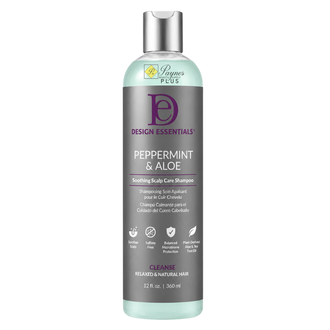 12oz Design Essentials Peppermint & Aloe Soothing Scalp Care Shampoo for deep cleansing, itchy scalp relief, hydration and buildup removal