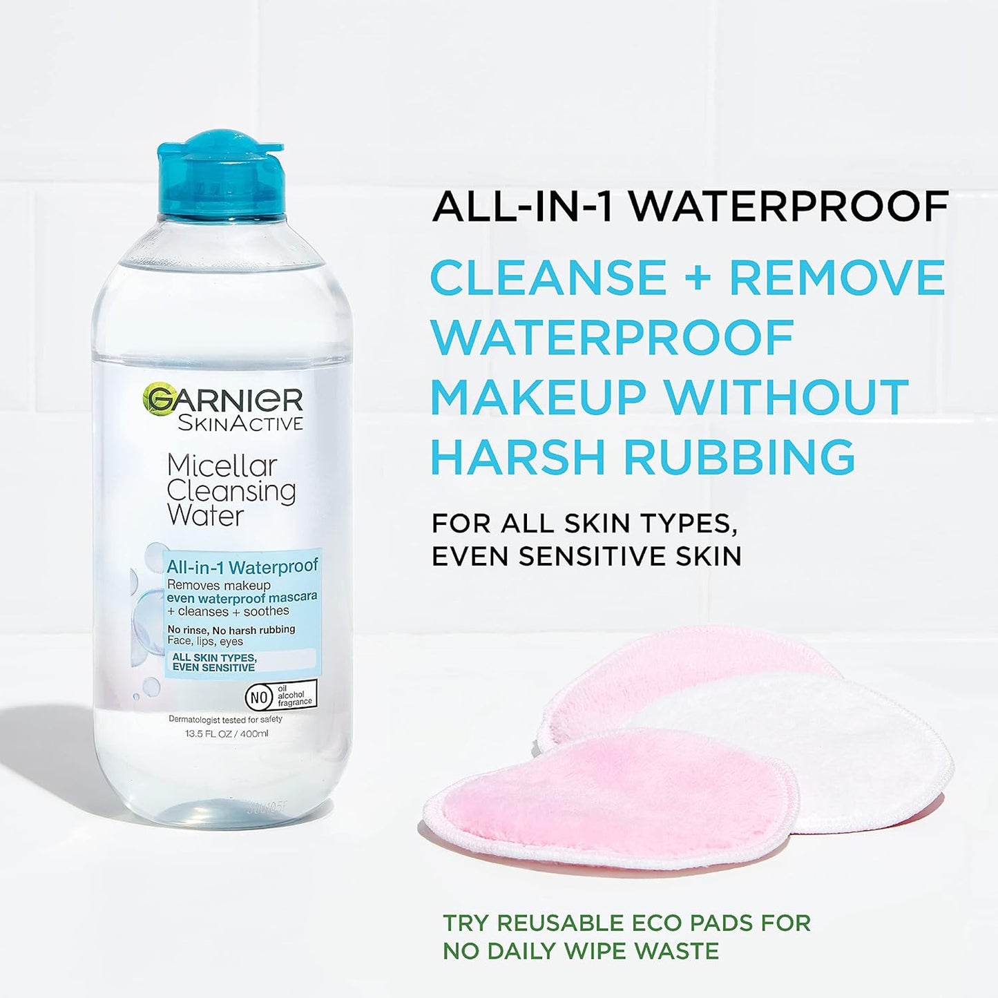 Micellar Cleansing Water Duo – All‑Skin‑Types Makeup Remover (13.5oz) + Waterproof Makeup Micellar Cleanser (3.4oz), Gentle, Hydrating, No‑Rinse Formula