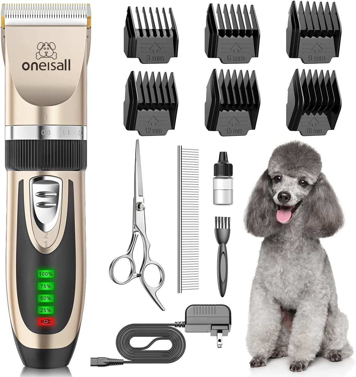 Low‑Noise Dog Clippers – 2‑Speed Rechargeable Cordless Pet Grooming Kit for Dogs & Cats (Gold)