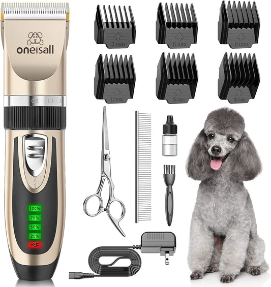 Low‑Noise Dog Clippers – 2‑Speed Rechargeable Cordless Pet Grooming Kit for Dogs & Cats (Gold)