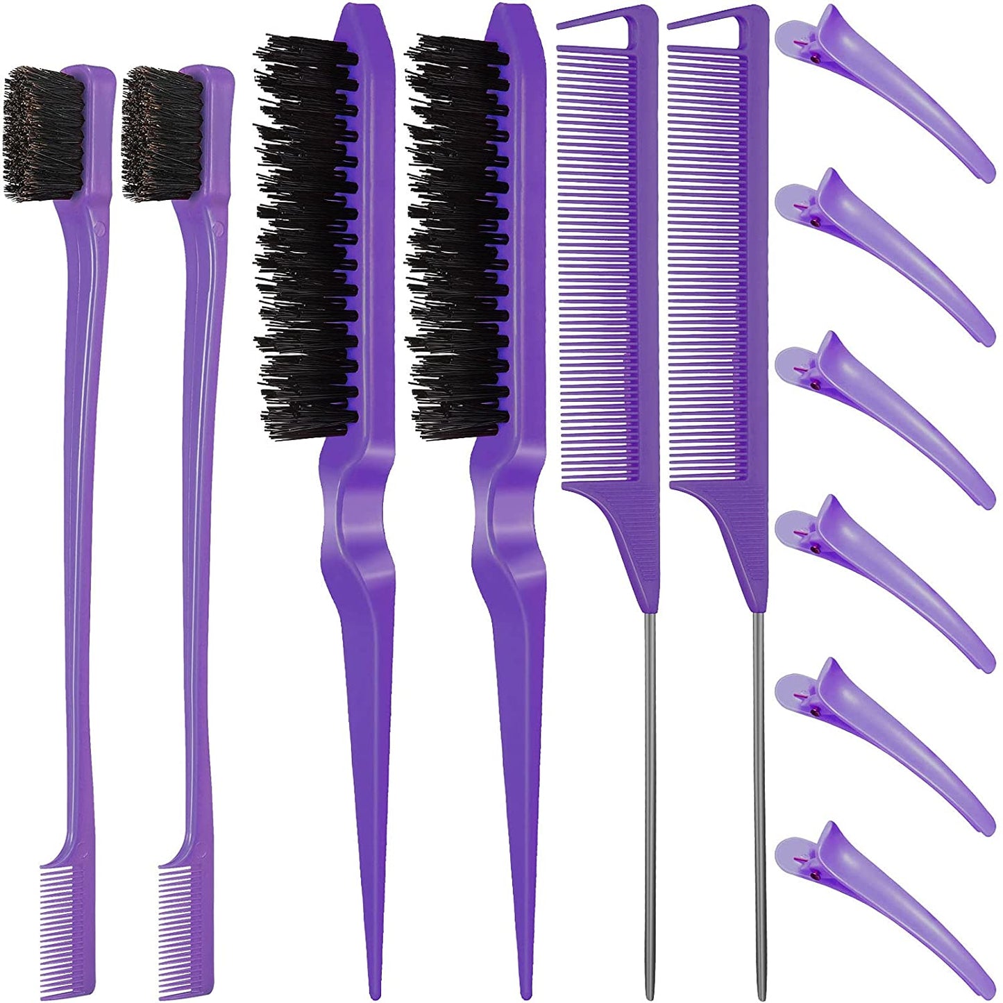 12‑Piece Nylon Hair Brush & Styling Set – 3‑Row Teasing Brushes, Double‑Sided Edge Brush, Rat Tail Combs & Duckbill Clips for Women & Girls (Purple)