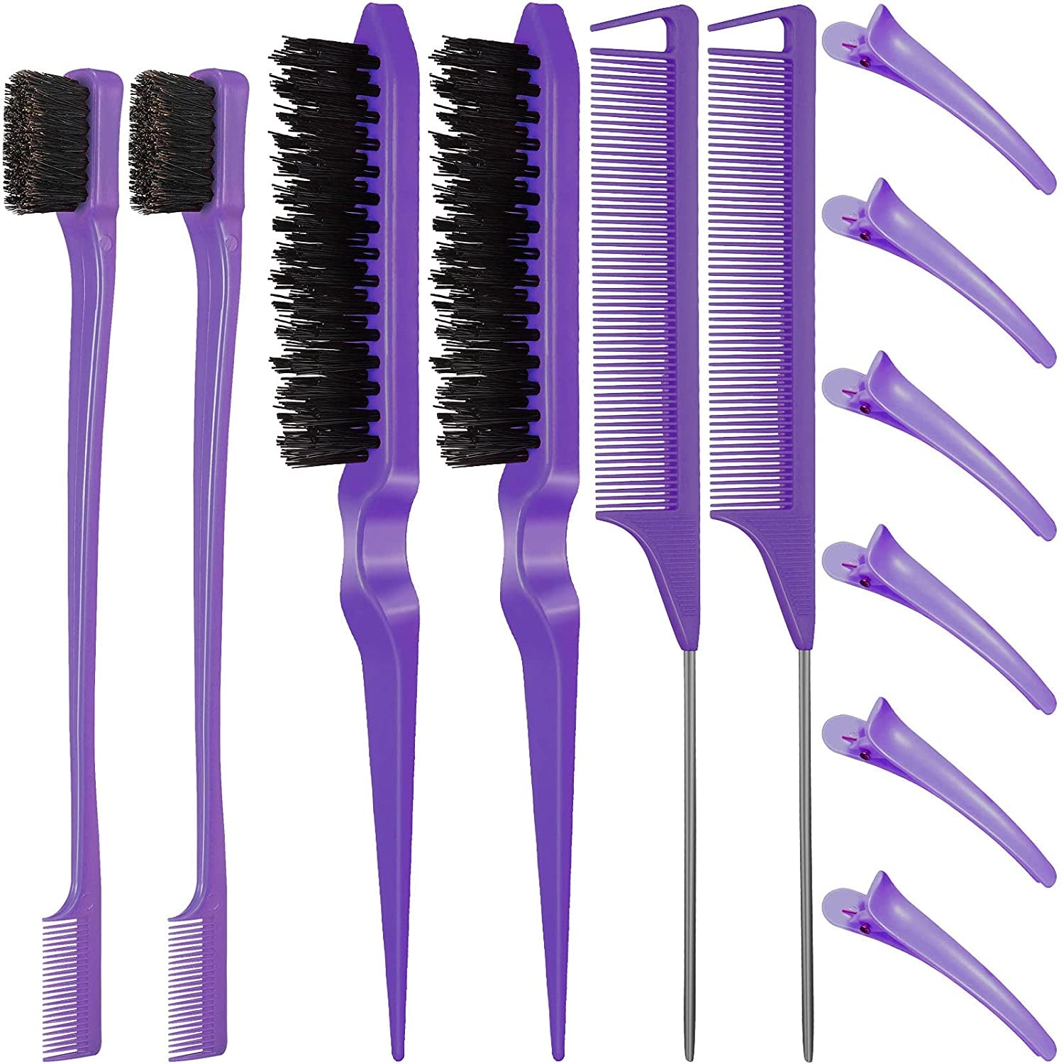 12‑Piece Nylon Hair Brush & Styling Set – 3‑Row Teasing Brushes, Double‑Sided Edge Brush, Rat Tail Combs & Duckbill Clips for Women & Girls (Purple)