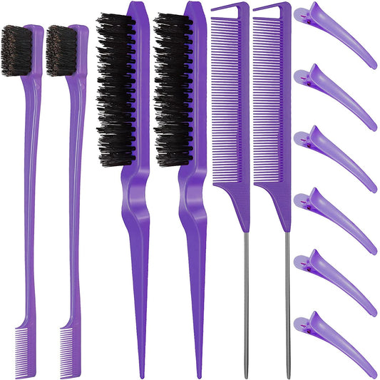 12‑Piece Nylon Hair Brush & Styling Set – 3‑Row Teasing Brushes, Double‑Sided Edge Brush, Rat Tail Combs & Duckbill Clips for Women & Girls (Purple)
