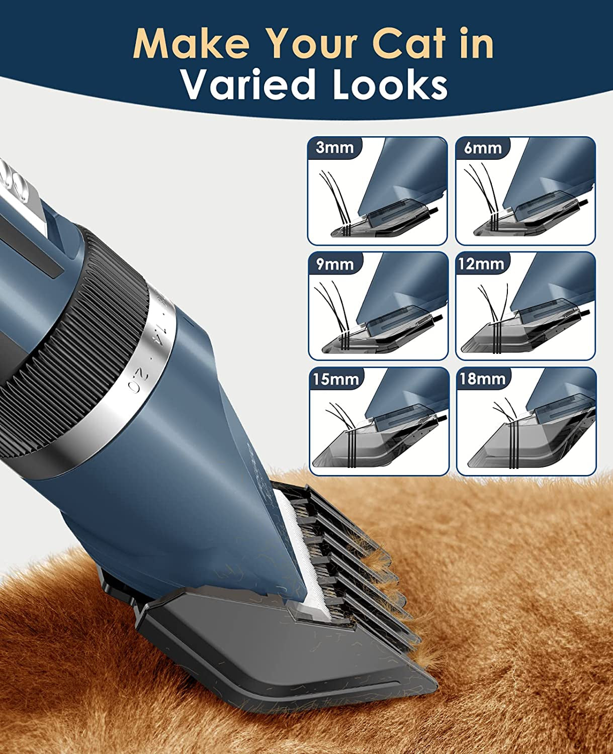 Quiet Cat Clippers for Matted & Long Hair – 2‑Speed Cordless Pet Grooming Kit for Cats, Small Dogs & Animals (Blue)