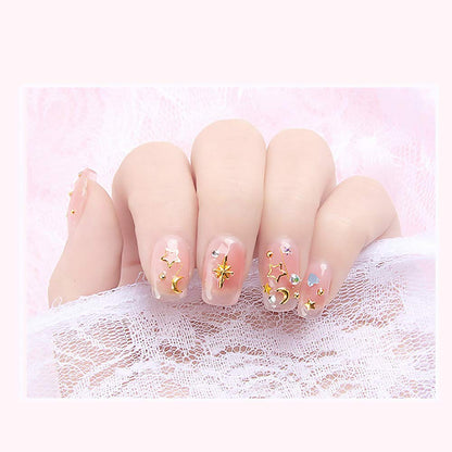 Gold Nail Charms 3D Nail Art Kit – 6 Boxes of Rose, Star, Moon, Feather Metal Studs with Tweezers & Picker Pencil, 3D Nail Jewelry Decoration Set