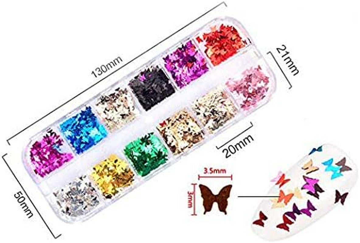 12‑Color Butterfly Nail Sequins Set – Holographic 3D Glitter for Nails, Makeup & DIY Crafts
