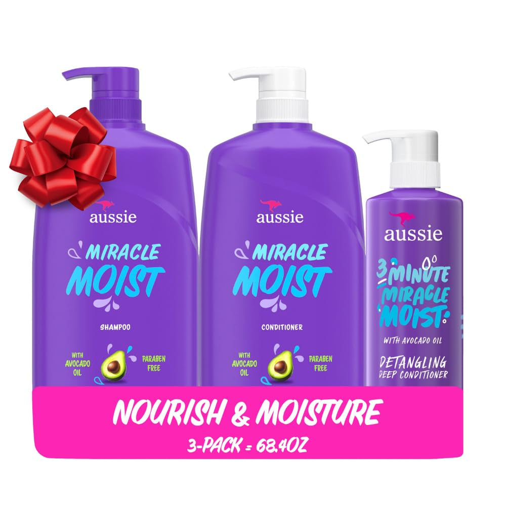 Aussie Miracle Moist Hydration Trio – Shampoo, Conditioner & 3‑Minute Deep Conditioner with Avocado Oil (Straight to Curly Hair)