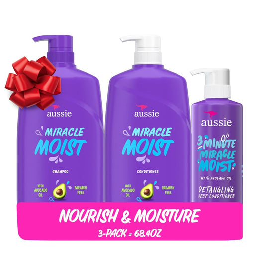 Aussie Miracle Moist Hydration Trio – Shampoo, Conditioner & 3‑Minute Deep Conditioner with Avocado Oil (Straight to Curly Hair)