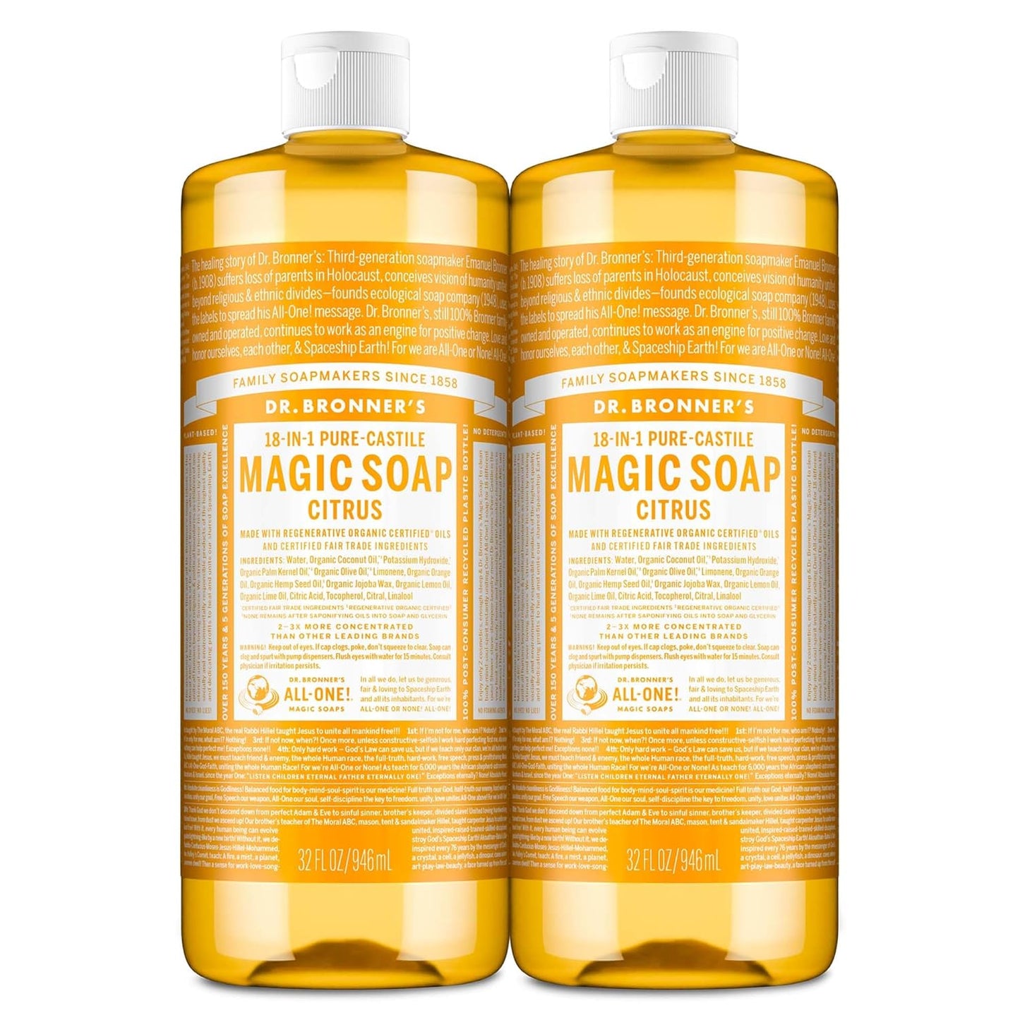 Pure Castile Liquid Soap – Citrus, 32 oz (2‑Pack) – Regenerative Organic Certified Oils, 18‑in‑1 Concentrated Soap for Body, Hair, Laundry, Pets & Dishes – Vegan & Non‑GMO