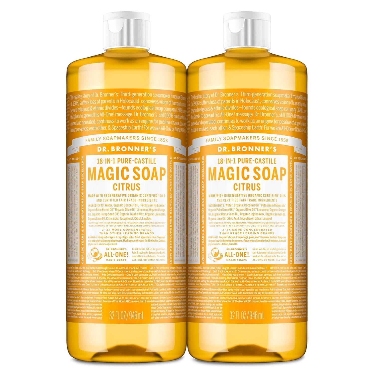 Pure Castile Liquid Soap – Citrus, 32 oz (2‑Pack) – Regenerative Organic Certified Oils, 18‑in‑1 Concentrated Soap for Body, Hair, Laundry, Pets & Dishes – Vegan & Non‑GMO