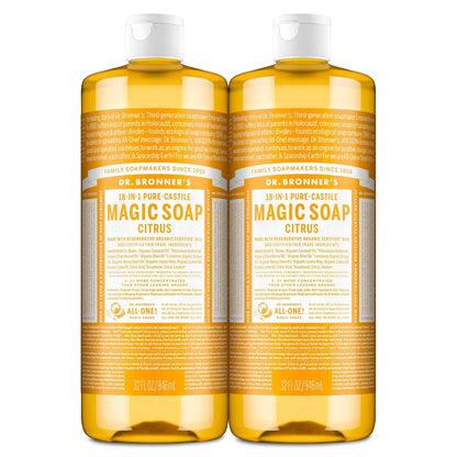 Pure Castile Liquid Soap – Citrus, 32 oz (2‑Pack) – Regenerative Organic Certified Oils, 18‑in‑1 Concentrated Soap for Body, Hair, Laundry, Pets & Dishes – Vegan & Non‑GMO
