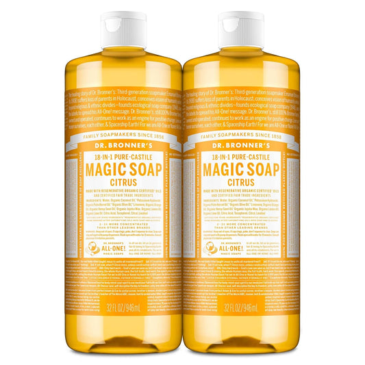Pure Castile Liquid Soap – Citrus, 32 oz (2‑Pack) – Regenerative Organic Certified Oils, 18‑in‑1 Concentrated Soap for Body, Hair, Laundry, Pets & Dishes – Vegan & Non‑GMO