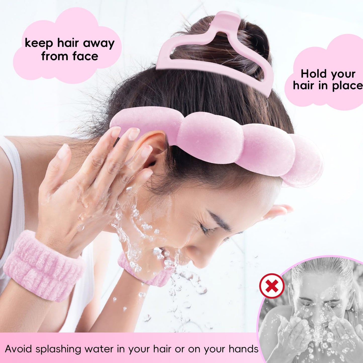 Spa Headband & Wristband Set for Washing Face – Soft Puffy Velvet Skincare Headband with Cute Hair Clips for Women & Girls, Makeup and Beauty Routine Accessory (Pink)