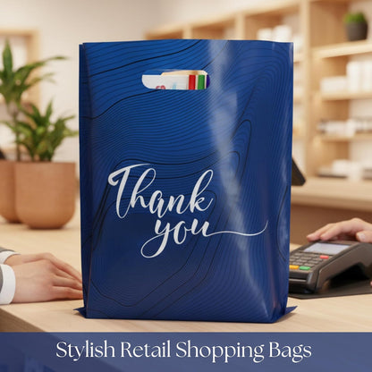 100‑Pack Navy Blue “Thank You” Merchandise Bags – 12x15" Heavy‑Duty 2.36 Mil Plastic Retail Bags with Die‑Cut Handles & Elegant Silver Print