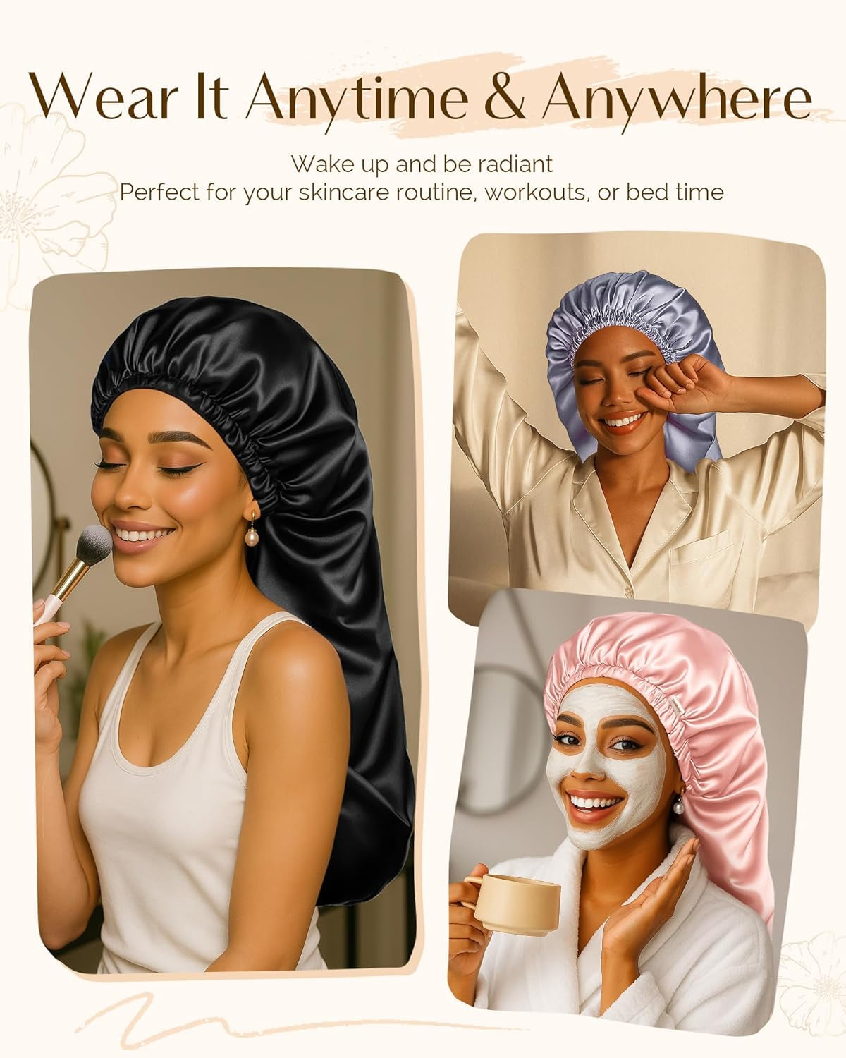 Premium Satin Bonnet with Adjustable Drawstring – Long Silky Sleep Cap for Curly, Wavy, Natural Hair  No‑Slip, Soft Elastic, Moisture‑Locking Night Bonnet
