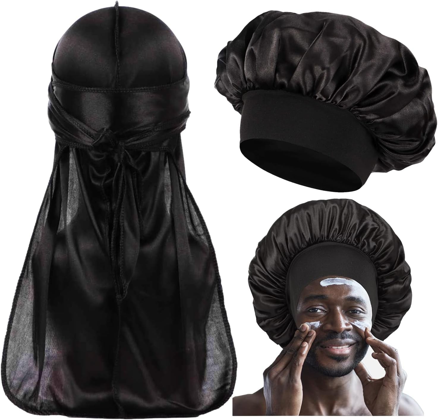 2‑Piece Matching Black Durag & Bonnet Set – Couples Hair Protection, Silky Compression & Nighttime Comfort