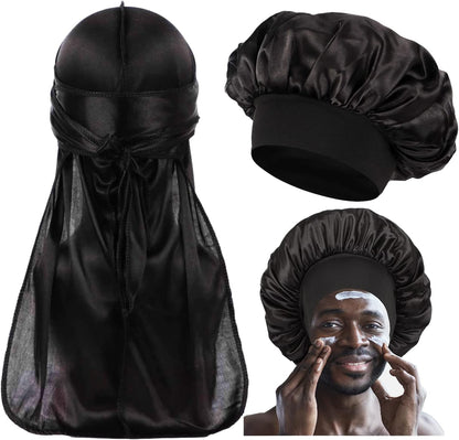 2‑Piece Matching Black Durag & Bonnet Set – Couples Hair Protection, Silky Compression & Nighttime Comfort