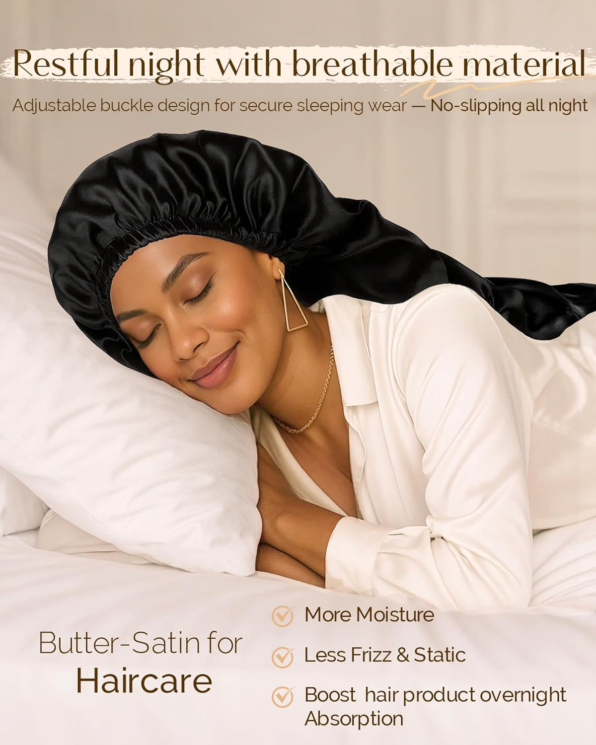 Premium Satin Bonnet with Adjustable Drawstring – Long Silky Sleep Cap for Curly, Wavy, Natural Hair  No‑Slip, Soft Elastic, Moisture‑Locking Night Bonnet