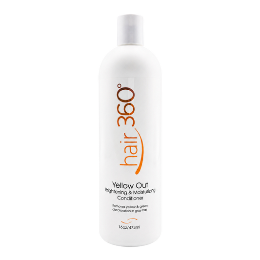 Hair 360 Yellow Out Brightening & Moisturizing Conditioner 16oz bottle on white background for gray and silver hair care product listing