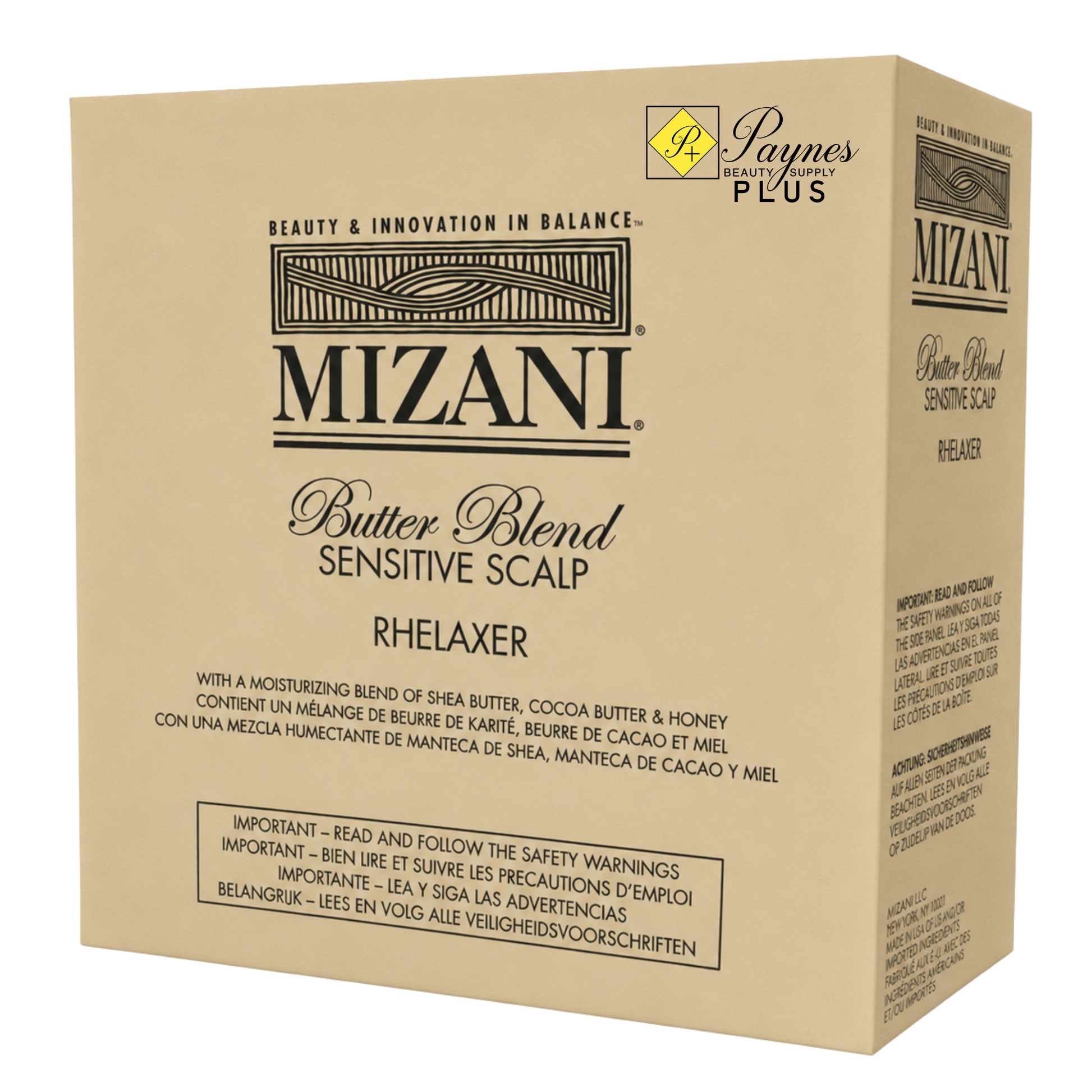 A beige box of Mizani Butter Blend Sensitive Scalp Rhelaxer 4 Application, featuring black text and a yellow Paynes Plus logo on the top, shown at a three-quarter angle against a white background.